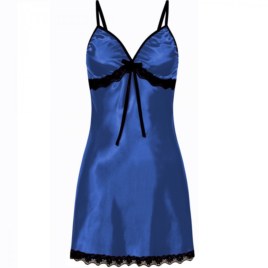 0512 Sexy Satin Chemise With Black Lace Trim Blue S 5xl